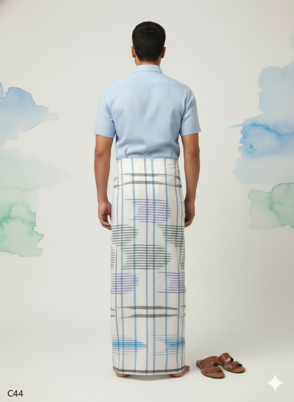 Generated Image February 19, 2026 - 10_20AM Men's Premium Cotton Lungi - Modern Indigo & Slate Grey Checked Pattern (2.25 Meters) - C44