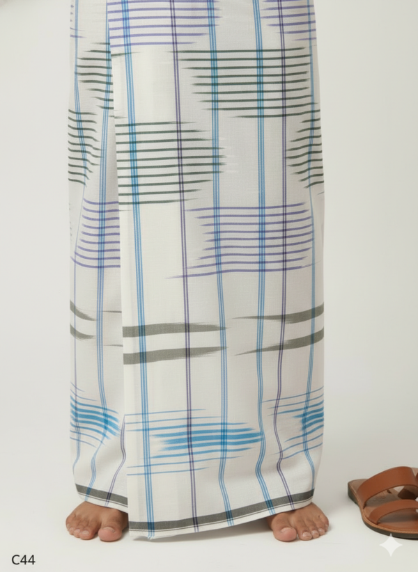 Generated Image February 19, 2026 - 10_21AM Men's Premium Cotton Lungi - Modern Indigo & Slate Grey Checked Pattern (2.25 Meters) - C44