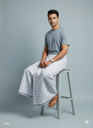 Men's Premium Cotton Lungi - Fine Charcoal & Grey Checked Pattern (2.25 Meters) - C45