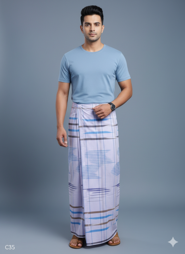 Generated Image February 19, 2026 - 7_25AM Men's Premium Cotton Lungi - Contemporary Blue & Earthy Striped Pattern (2.25 Meters) - C35