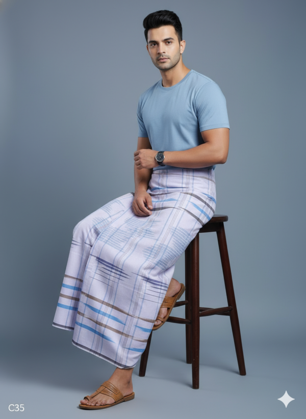 Generated Image February 19, 2026 - 7_26AM Men's Premium Cotton Lungi - Contemporary Blue & Earthy Striped Pattern (2.25 Meters) - C35