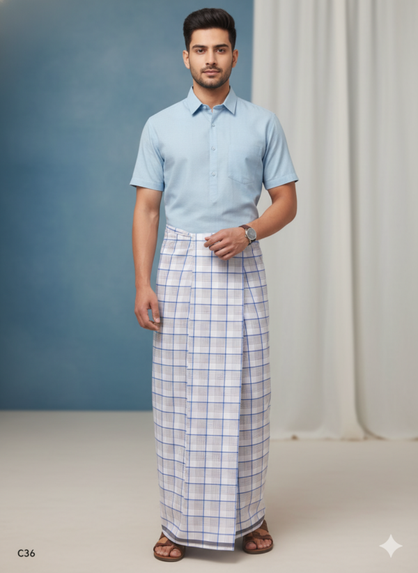 Men's Premium Cotton Lungi - Sky Blue & Earthy Checked Pattern (2.25 Meters) - C36