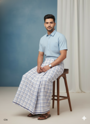 Men's Premium Cotton Lungi - Sky Blue & Earthy Checked Pattern (2.25 Meters) - C36