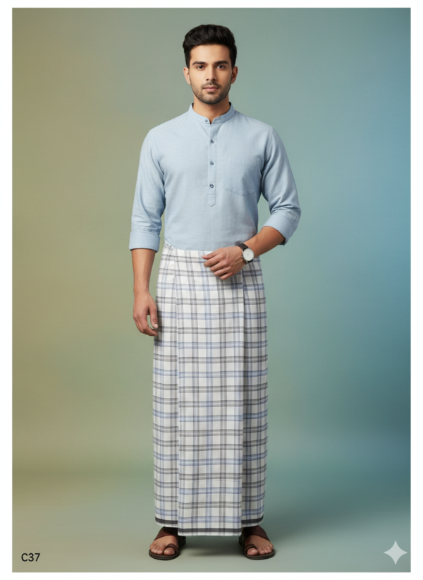 Men's Premium Cotton Lungi - Classic Grey & Blue Checked Pattern (2.25 Meters) - C37