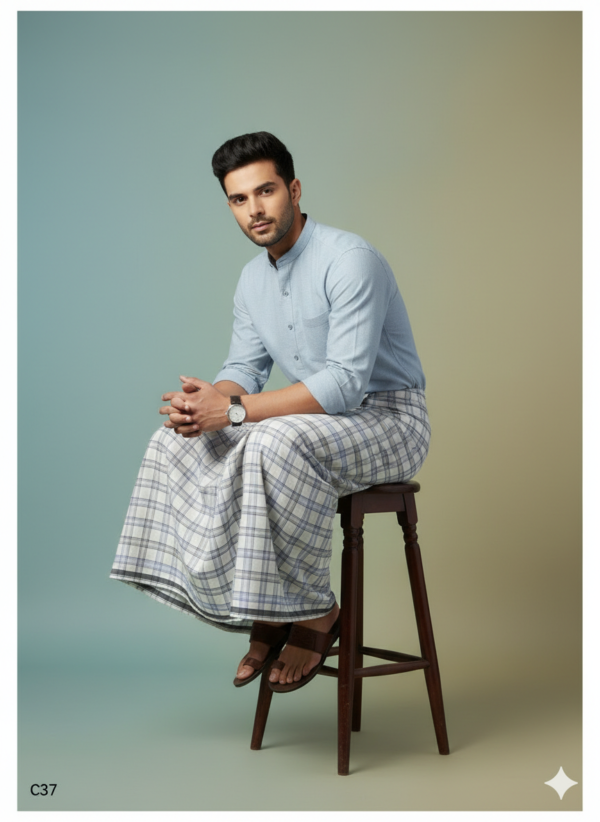 Men's Premium Cotton Lungi - Classic Grey & Blue Checked Pattern (2.25 Meters) - C37