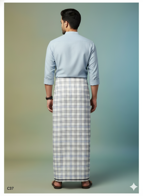 Men's Premium Cotton Lungi - Classic Grey & Blue Checked Pattern (2.25 Meters) - C37