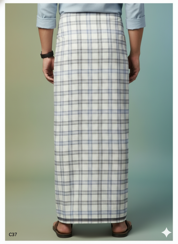 Men's Premium Cotton Lungi - Classic Grey & Blue Checked Pattern (2.25 Meters) - C37