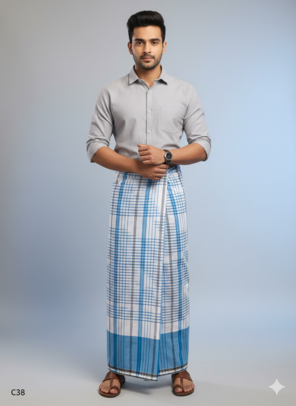 Men's Premium Cotton Lungi - Blue Checked Pattern with Bold Border (2.25 Meters) - C38