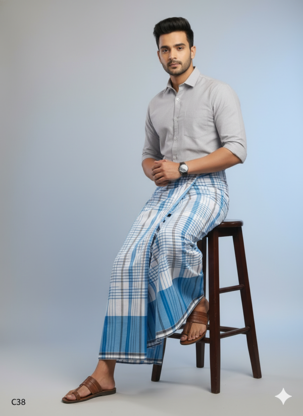 Men's Premium Cotton Lungi - Blue Checked Pattern with Bold Border (2.25 Meters) - C38