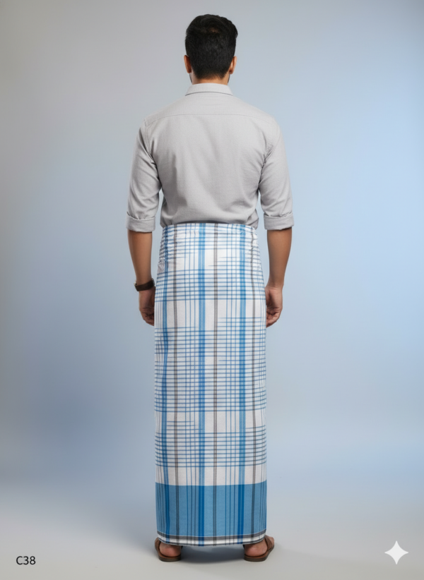 Men's Premium Cotton Lungi - Blue Checked Pattern with Bold Border (2.25 Meters) - C38