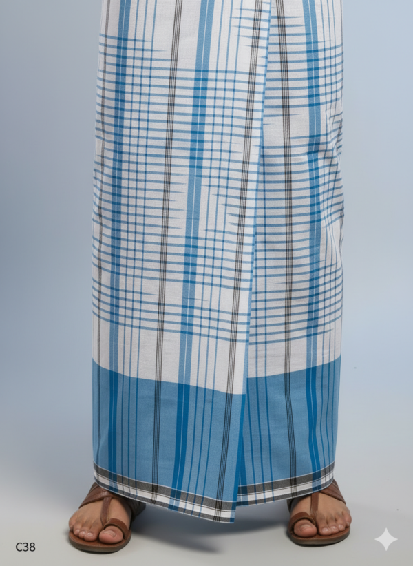 Men's Premium Cotton Lungi - Blue Checked Pattern with Bold Border (2.25 Meters) - C38