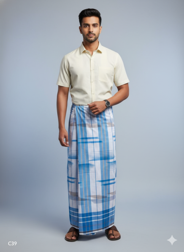 Men's Premium Cotton Lungi - Sky Blue & White Broad Checked Pattern (2.25 Meters) - C39