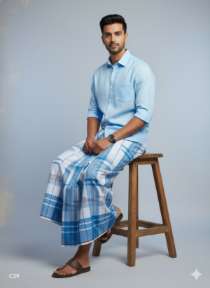 Men's Premium Cotton Lungi - Sky Blue & White Broad Checked Pattern (2.25 Meters) - C39