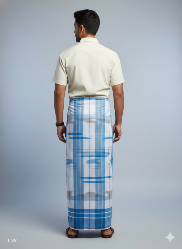Men's Premium Cotton Lungi - Sky Blue & White Broad Checked Pattern (2.25 Meters) - C39