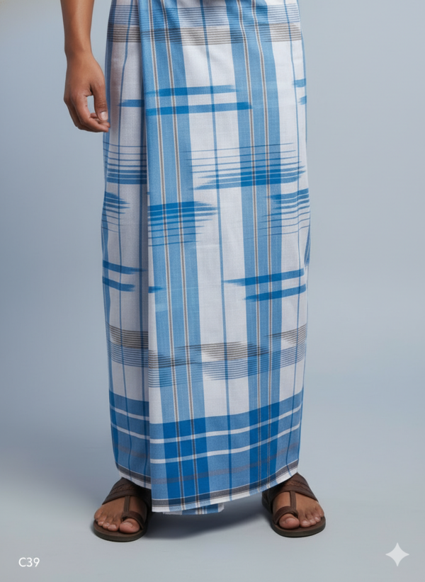 Men's Premium Cotton Lungi - Sky Blue & White Broad Checked Pattern (2.25 Meters) - C39