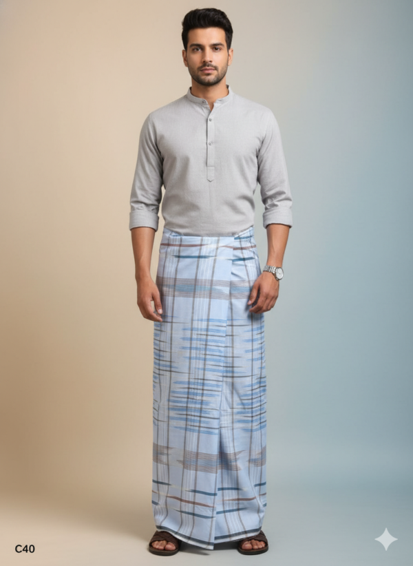 Men's Premium Cotton Lungi - Sky Blue with Contemporary Striped Pattern (2.25 Meters) - C40