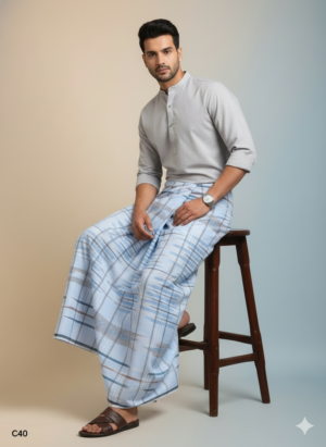 Men's Premium Cotton Lungi - Sky Blue with Contemporary Striped Pattern (2.25 Meters) - C40