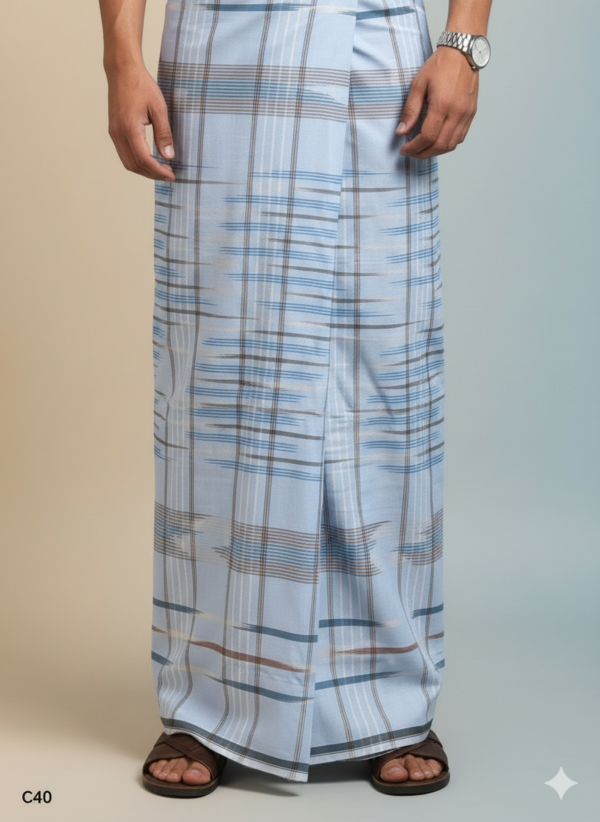 Men's Premium Cotton Lungi - Sky Blue with Contemporary Striped Pattern (2.25 Meters) - C40