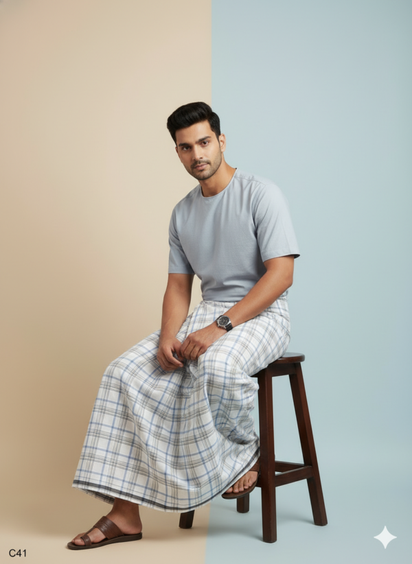 Men's Premium Cotton Lungi - Blue & Grey Checked Pattern (2.25 Meters) - C41