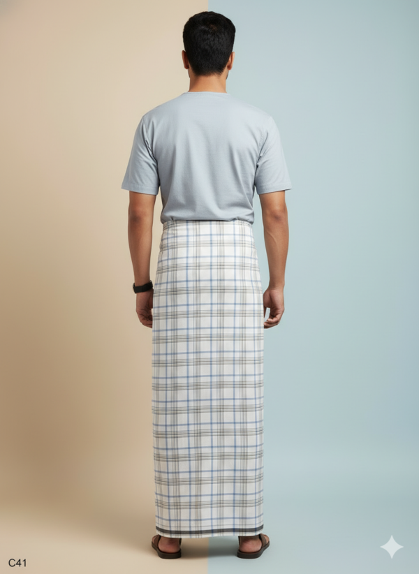 Men's Premium Cotton Lungi - Blue & Grey Checked Pattern (2.25 Meters) - C41
