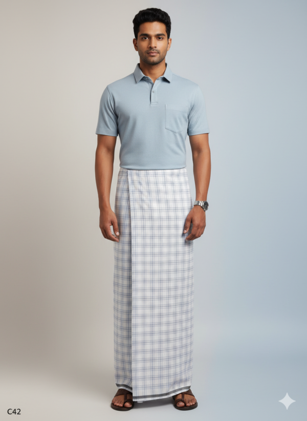 Men's Premium Cotton Lungi - Subtle Blue & Grey Checked Pattern (2.25 Meters) - C42