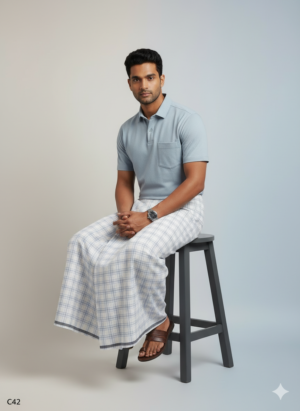 Men's Premium Cotton Lungi - Subtle Blue & Grey Checked Pattern (2.25 Meters) - C42