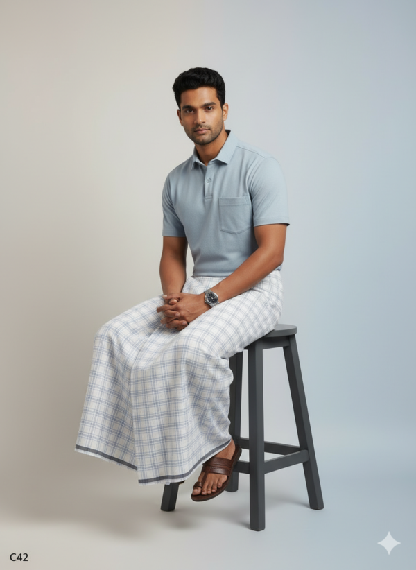 Men's Premium Cotton Lungi - Subtle Blue & Grey Checked Pattern (2.25 Meters) - C42