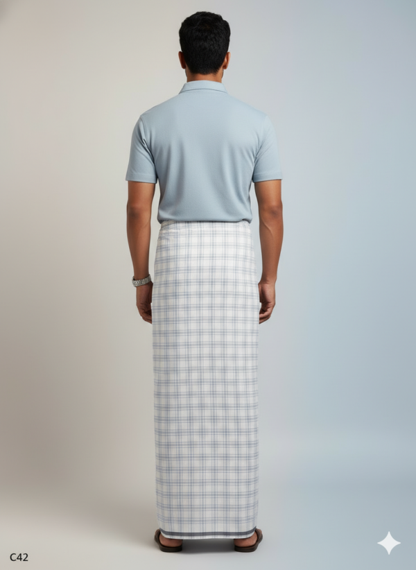 Men's Premium Cotton Lungi - Subtle Blue & Grey Checked Pattern (2.25 Meters) - C42