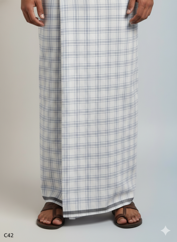 Men's Premium Cotton Lungi - Subtle Blue & Grey Checked Pattern (2.25 Meters) - C42