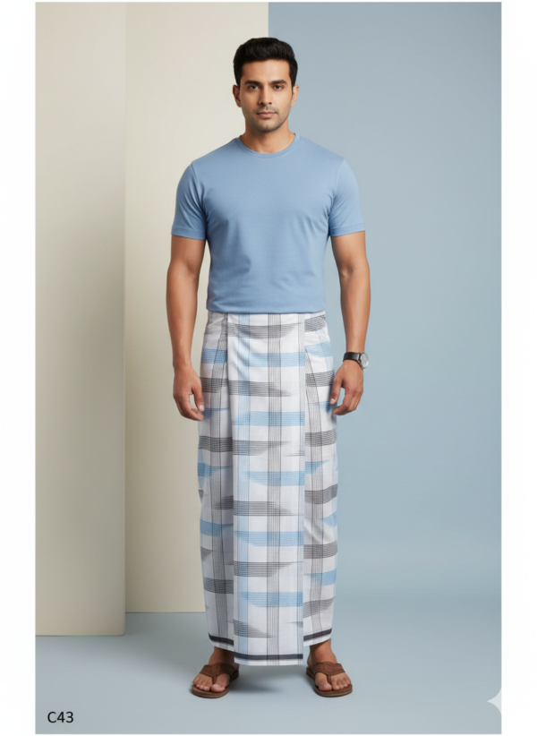 Men's Premium Cotton Lungi - Bold Sky Blue & Charcoal Grid (2.25 Meters) - C43