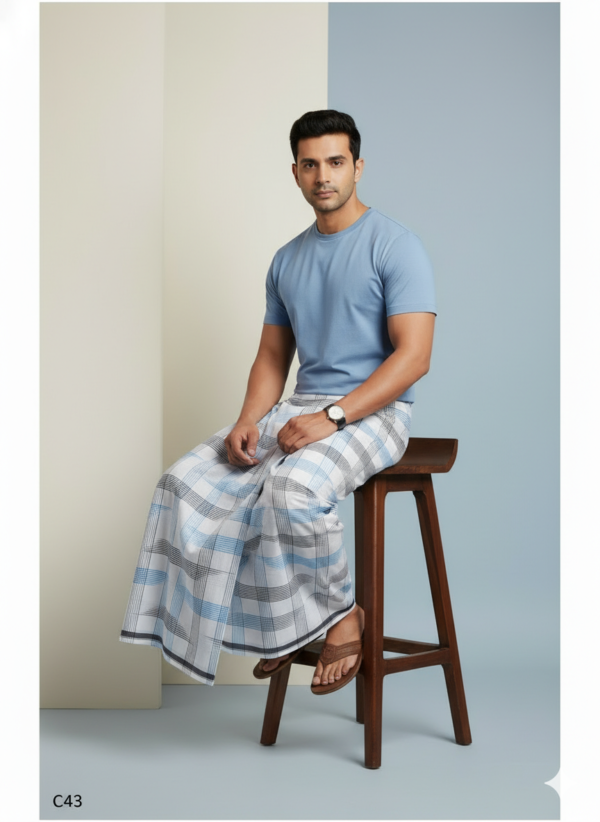 Men's Premium Cotton Lungi - Bold Sky Blue & Charcoal Grid (2.25 Meters) - C43