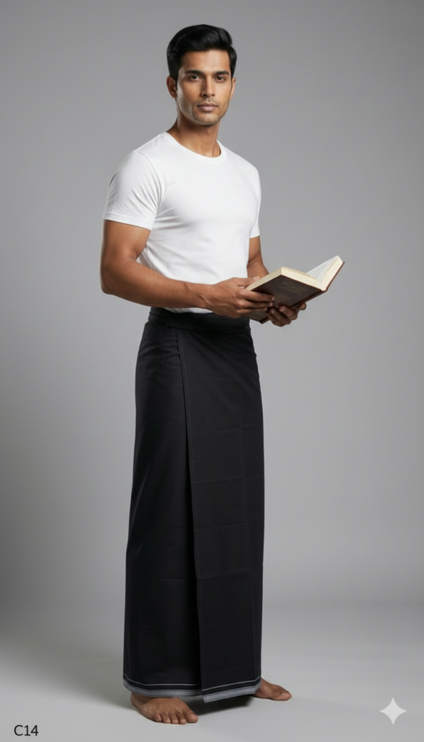 Men's Premium Cotton Lungi - Solid Jet Black (2.25 Meters) - C14