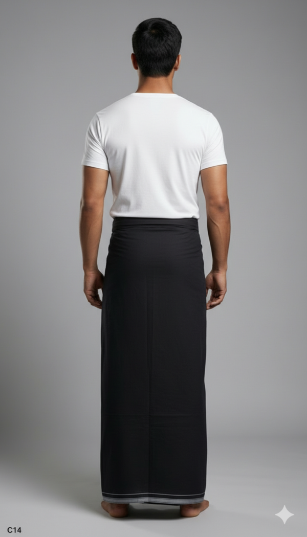 Men's Premium Cotton Lungi - Solid Jet Black (2.25 Meters) - C14