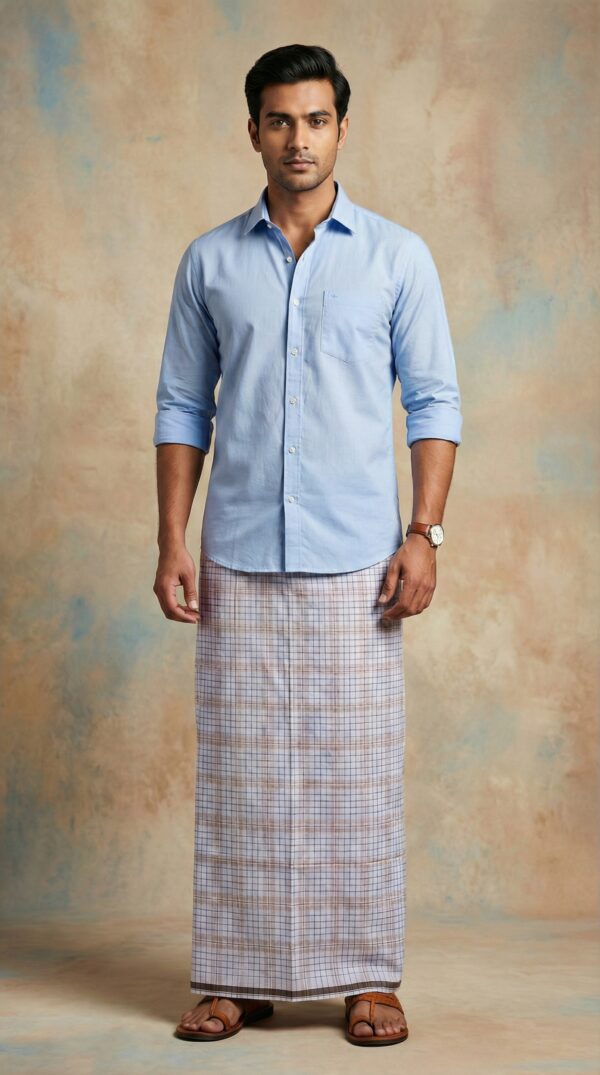 Men's Premium Cotton Lungi - Subtle Beige & Blue Checked Pattern (2.25 Meters) - C31