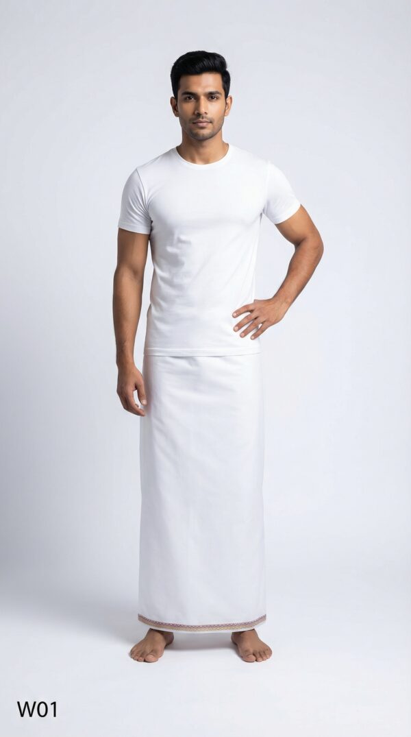Men's Premium Cotton Lungi - Solid White with Elegant Border (2.25 Meters) - W01