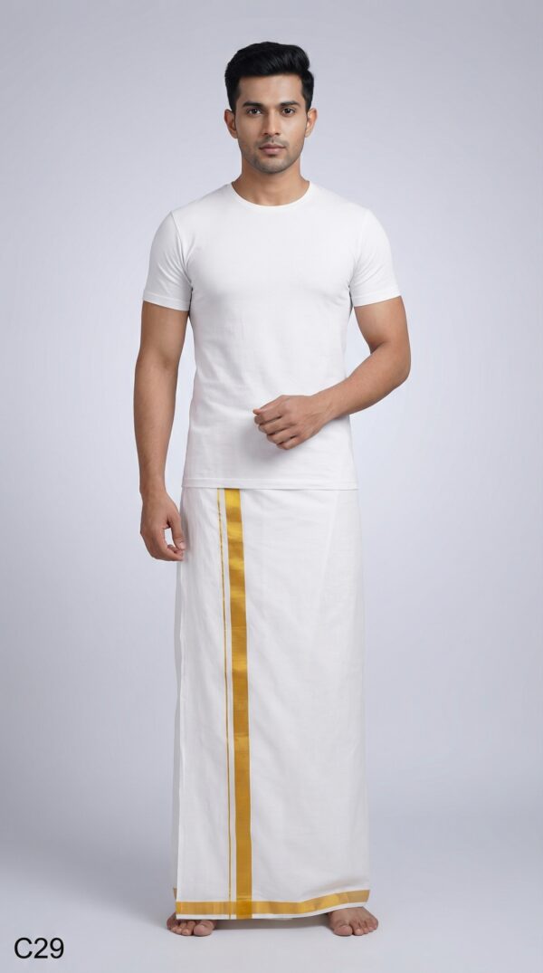 Ultrarealistic_8k_premium_2k_202602121136 Men's Premium Cotton Lungi - Pristine White with Elegant Gold Zari Border (2.25 Meters)