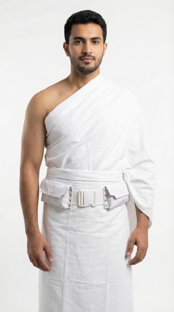 Ultrarealistic_studio_photography_2k_2026020 Munshi Lungi Premium Ihram Belt with Dual Pockets – Secure & Adjustable for Hajj & Umrah