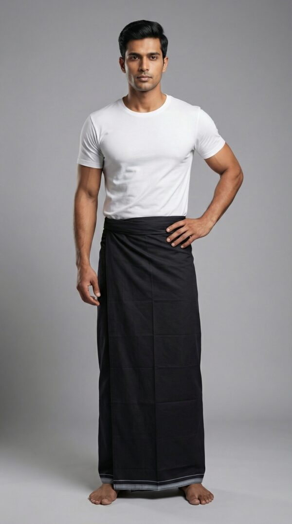 Men's Premium Cotton Lungi - Solid Jet Black (2.25 Meters) - C14
